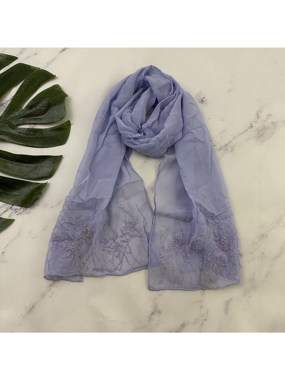 Womens Vintage Y2k Silk Scarf Pastel Purple Floral Embroidered Long Lightweight
